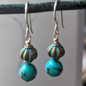 Turquoise Silver Earrings, Patina Lantern Metal Beads, Antique Style, Birthday & Christmas Gifts,
