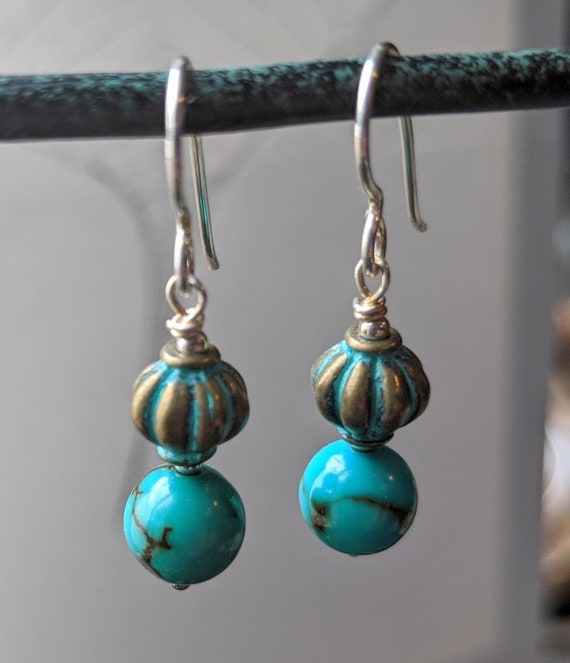 Turquoise Silver Earrings, Patina Lantern Metal Beads, Antique Style, Birthday & Christmas Gifts,