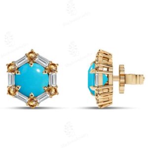 Sleeping Beauty Turquoise Studs For Women 925 Sterling Silver Turquoise Gemstone Earrings Art Deco Halo Design Studs Unique Statement Studs