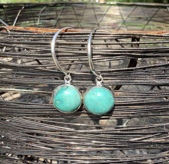 Turquoise Sterling Silver Drop Earrings: Round Gemstone Threaders Turquoise Sterling Silver Drop Earrings: Round Gemstone Threaders