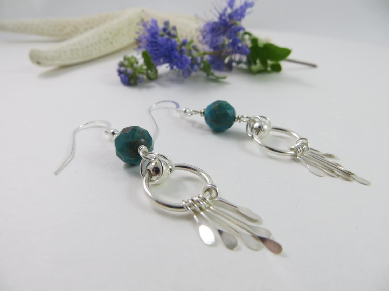Turquoise Sterling Silver Earrings, Navajo Style Paddle Drop Earrings