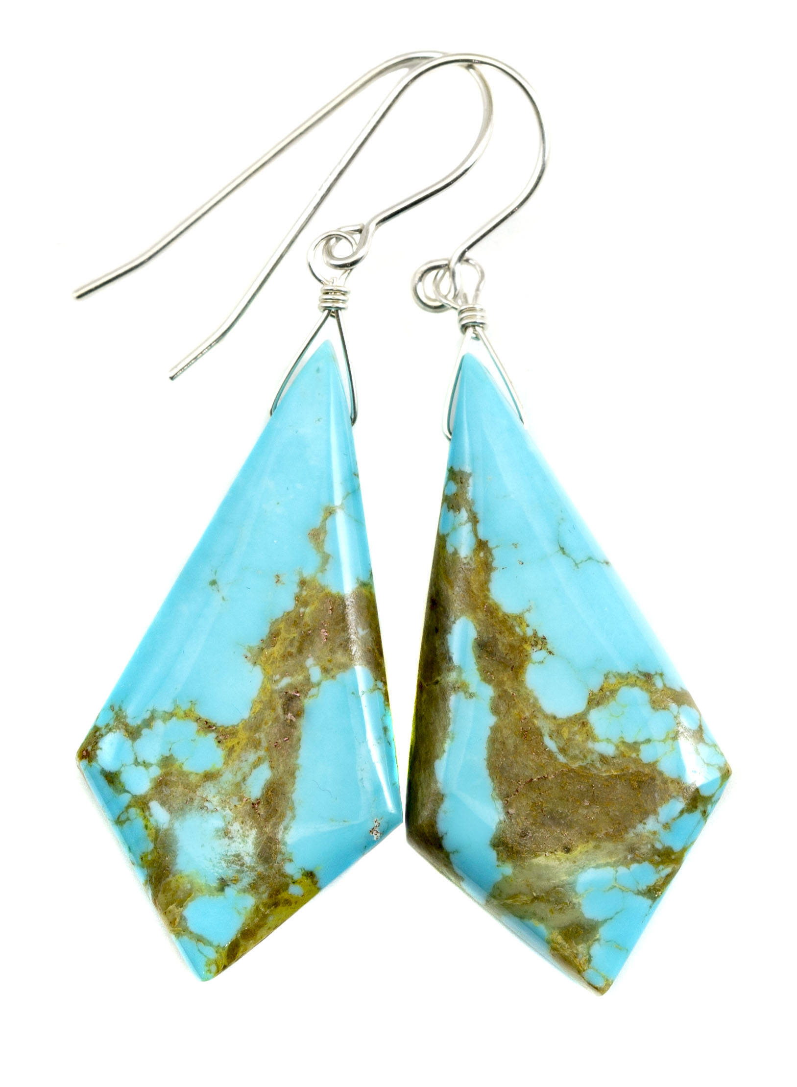 Turquoise Earrings Sterling Silver Smooth Natural Blue Teardrops Long Simple Drops Natural Light Blue And Veining Triangle Cut Simple  Large