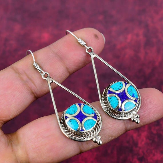 Turquoise Earrings Tibetan Earrings 925 Sterling Silver Dangle & Drop Earrings Handmade Jewelry Nepalese Ethnic Jewelry Bohemian Earrings