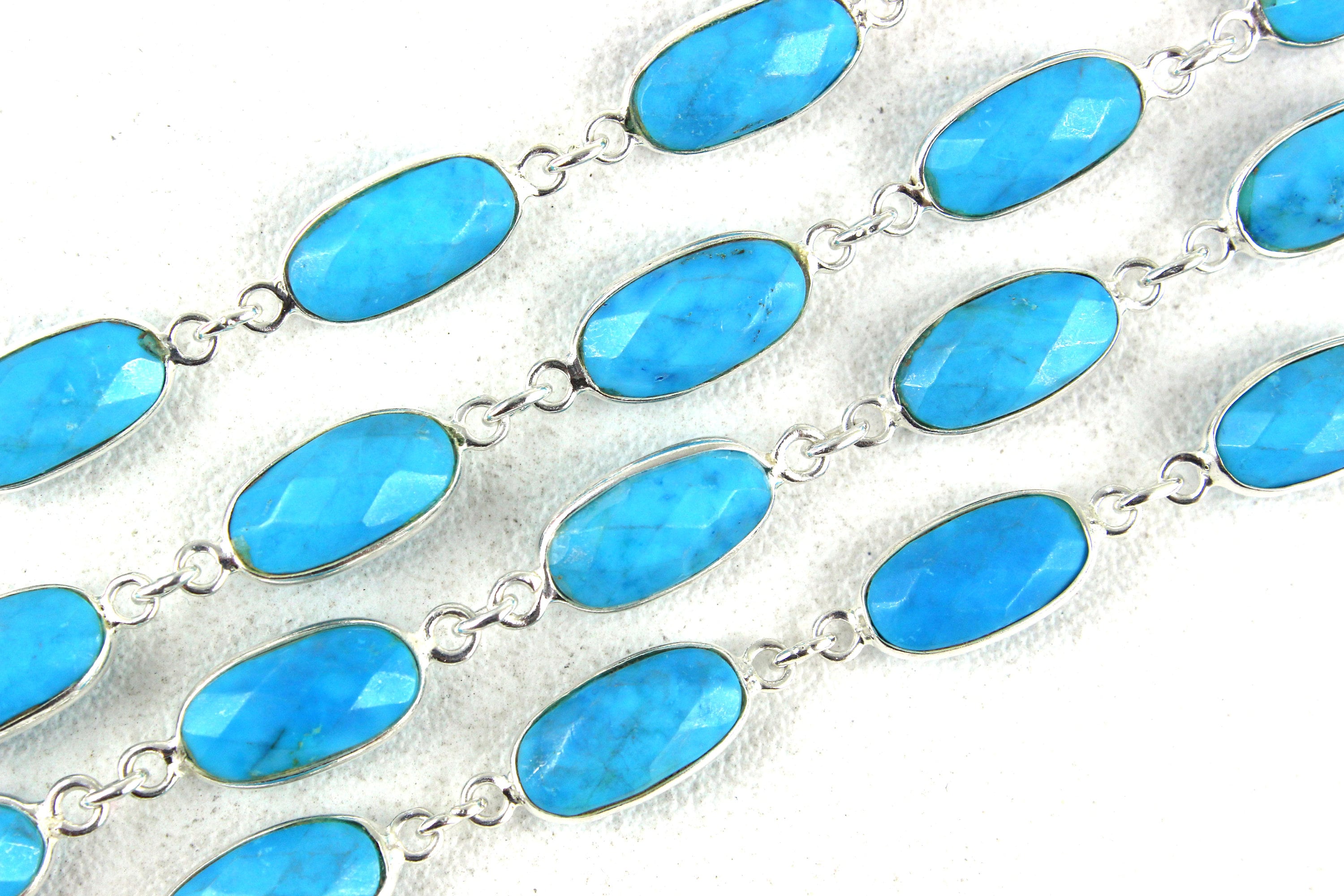 Sterling Silver Turquoise Connectors: Faceted Oval Chain Links (7x13 Mm) Sterling Silver Turquoise Connectors: Faceted Oval Chain Links (7x13 Mm)