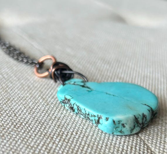 Chunky Turquoise Necklace, Large Slab Of Natural Turquoise, Southwestern Necklace, Sterling Silver Snake Chain, Copper Findings