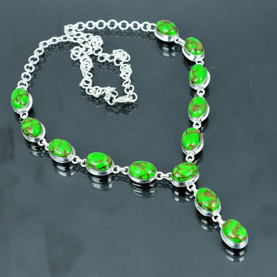 Copper Green Turquoise Necklace: Sterling Silver Boho Jewelry