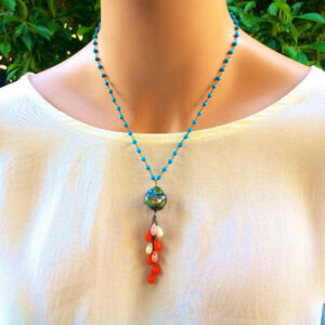 Turquoise & Coral Tassel Necklace: Sterling Silver Gemstone Statement Turquoise & Coral Tassel Necklace: Sterling Silver Gemstone Statement