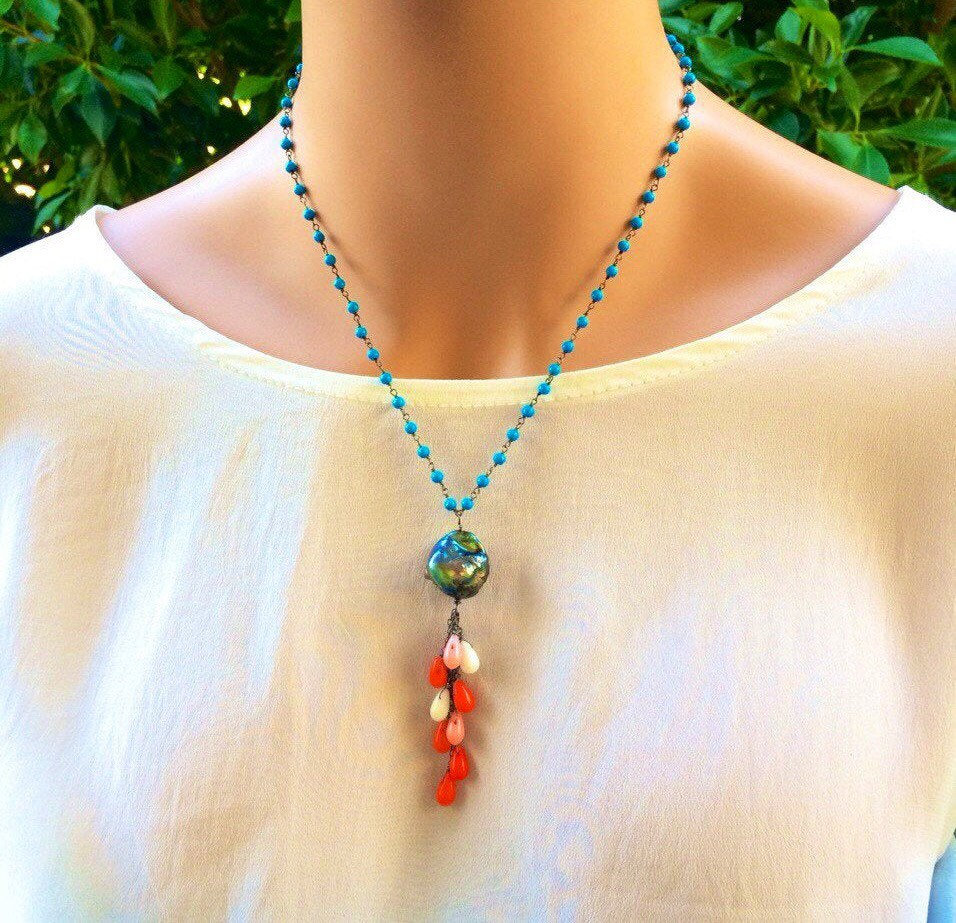 Turquoise & Coral Tassel Necklace: Sterling Silver Gemstone Statement Turquoise & Coral Tassel Necklace: Sterling Silver Gemstone Statement