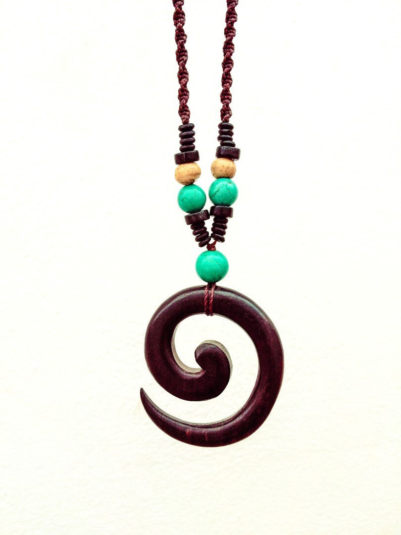 Ebony Wood Spiral Necklace, Turquoise Beads, Macrame Tribal Jewelry