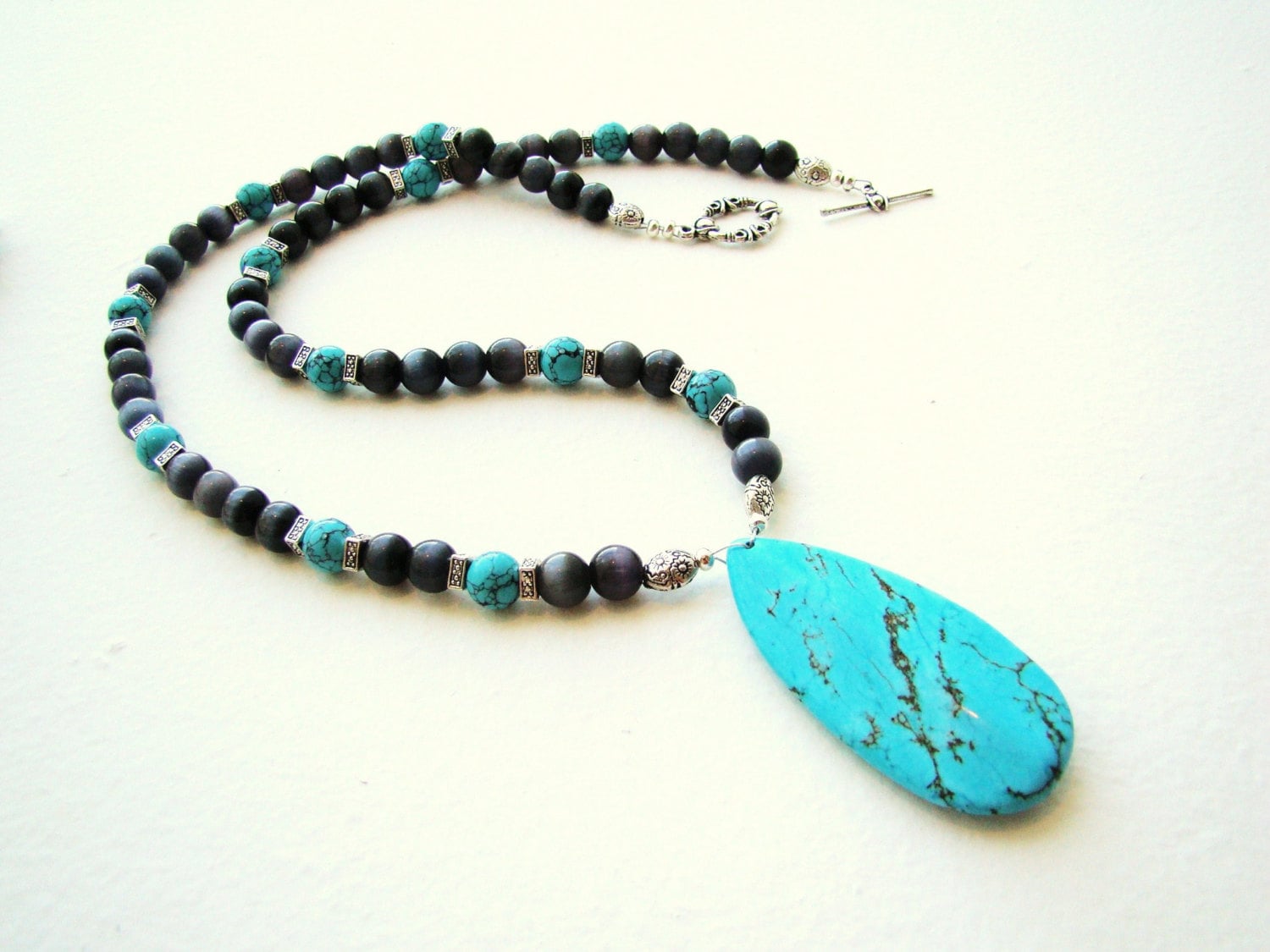Turquoise Gemstone Silver Necklace: One Of A Kind Beaded Jewelry Turquoise Gemstone Silver Necklace: One Of A Kind Beaded Jewelry