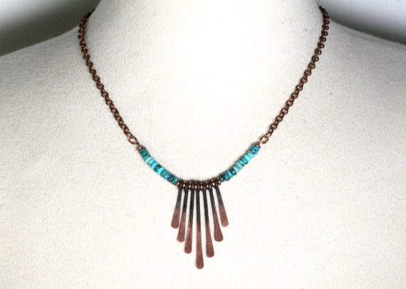 Hammered Copper Necklace, Turquoise, 7th Anniversary Gift Hammered Copper Necklace, Turquoise, 7th Anniversary Gift