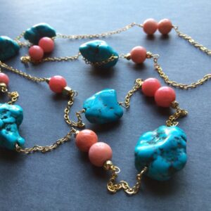 Handmade Long Gold Necklace: Turquoise & Coral Beaded Chain Handmade Long Gold Necklace: Turquoise & Coral Beaded Chain