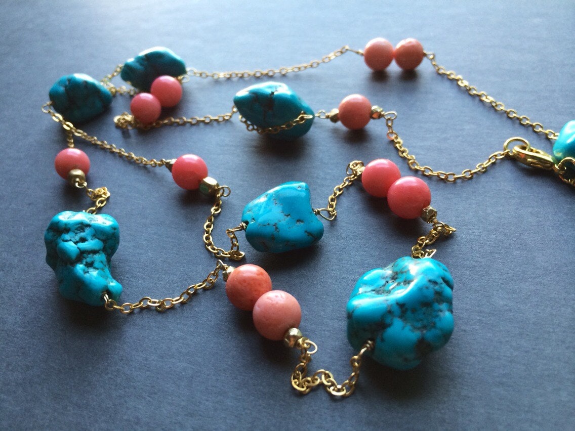 Handmade Long Gold Necklace: Turquoise & Coral Beaded Chain