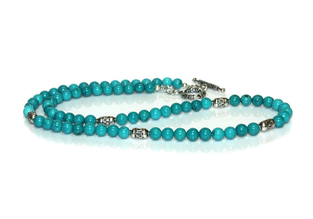 Men's Necklace. Turquoise And Sterling Silver Bali Beads Necklace With Toggle Clasp, Bead Necklace Men, Men's Bead Necklace, Necklace