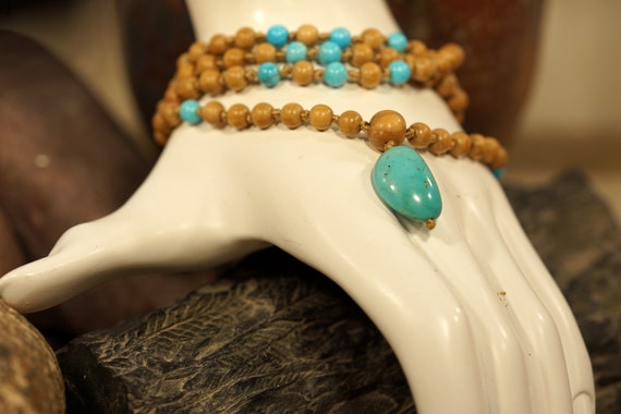 Mysore Sandalwood And Turquoise Mala • 108 Knotted • 6mm • Winding Forest Path • Earth And Sky Energy • 6mm • 4508 Mysore Sandalwood And Turquoise Mala • 108 Knotted • 6mm • Winding Forest Path • Earth And Sky Energy • 6mm • 4508