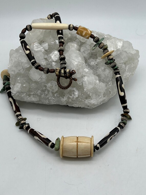 Natural Bone And Turquoise Beaded Necklace-26"