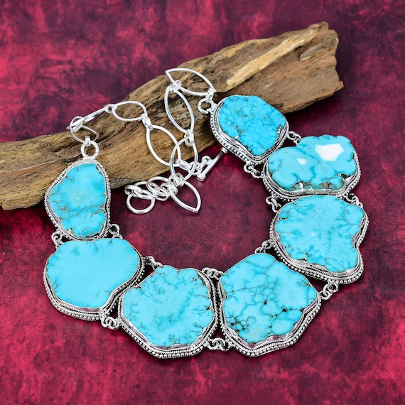 Natural Turquoise Chunk Necklace, Sterling Silver Statement Jewelry, Blue Turquoise Gemstone Necklace, Bohemian Style Jewelry For Gift