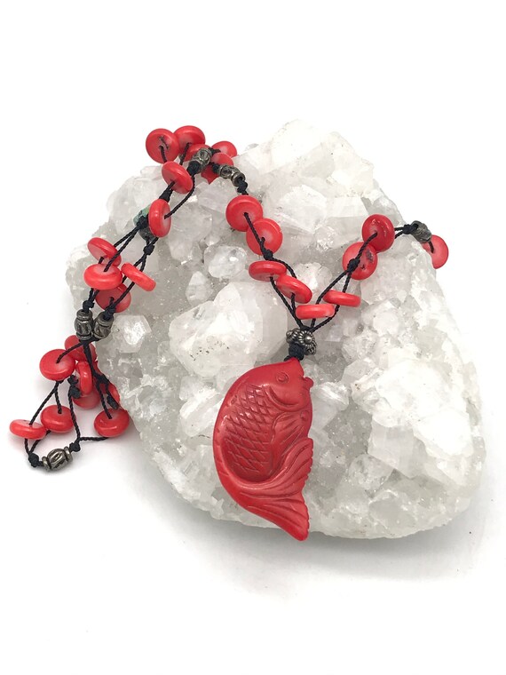 Red Coral And Turquoise Koi Beaded Necklace