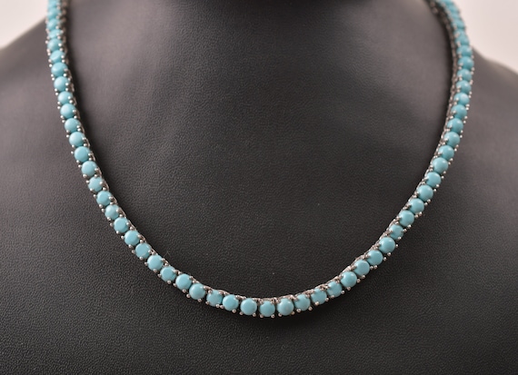 Turquoise Tennis Necklace - Sterling Silver, Round Stone Bridal Jewelry