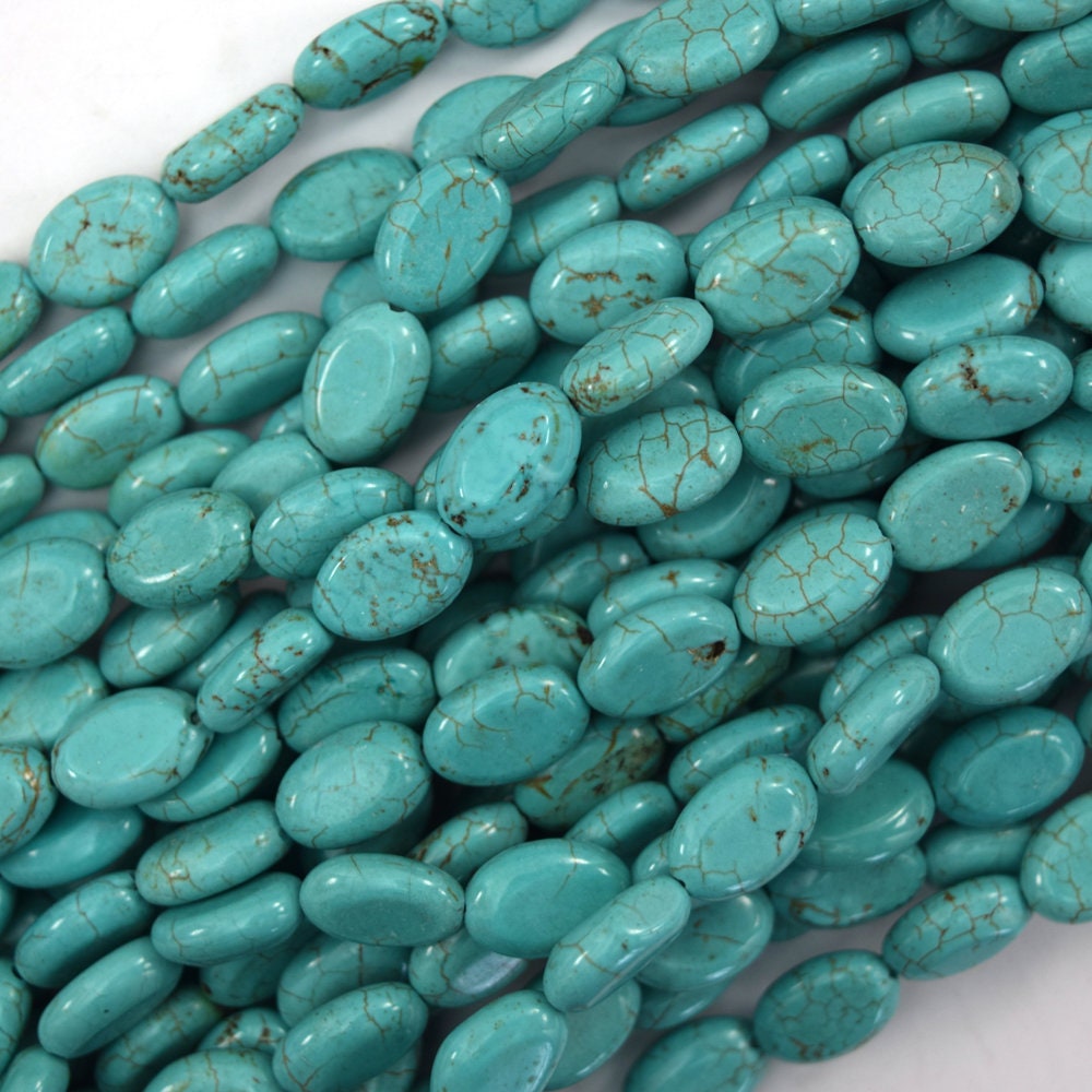 11mm - 12mm Blue Green Turquoise Flat Oval Beads 15.5" Strand