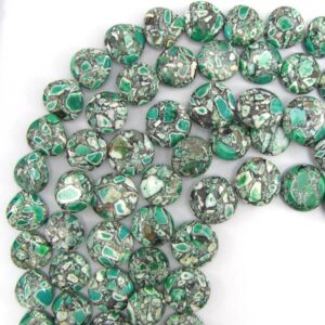 12mm Green Mosaic Flower Turquoise Coin Beads 15.5" Strand