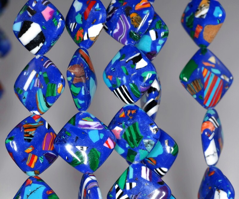 18mm Matrix Turquoise Gemstone Dark Blue Mosaic Diamond Square Loose Beads 7 Inch Half Strand (90145209-214) 18mm Matrix Turquoise Gemstone Dark Blue Mosaic Diamond Square Loose Beads 7 Inch Half Strand (90145209-214)
