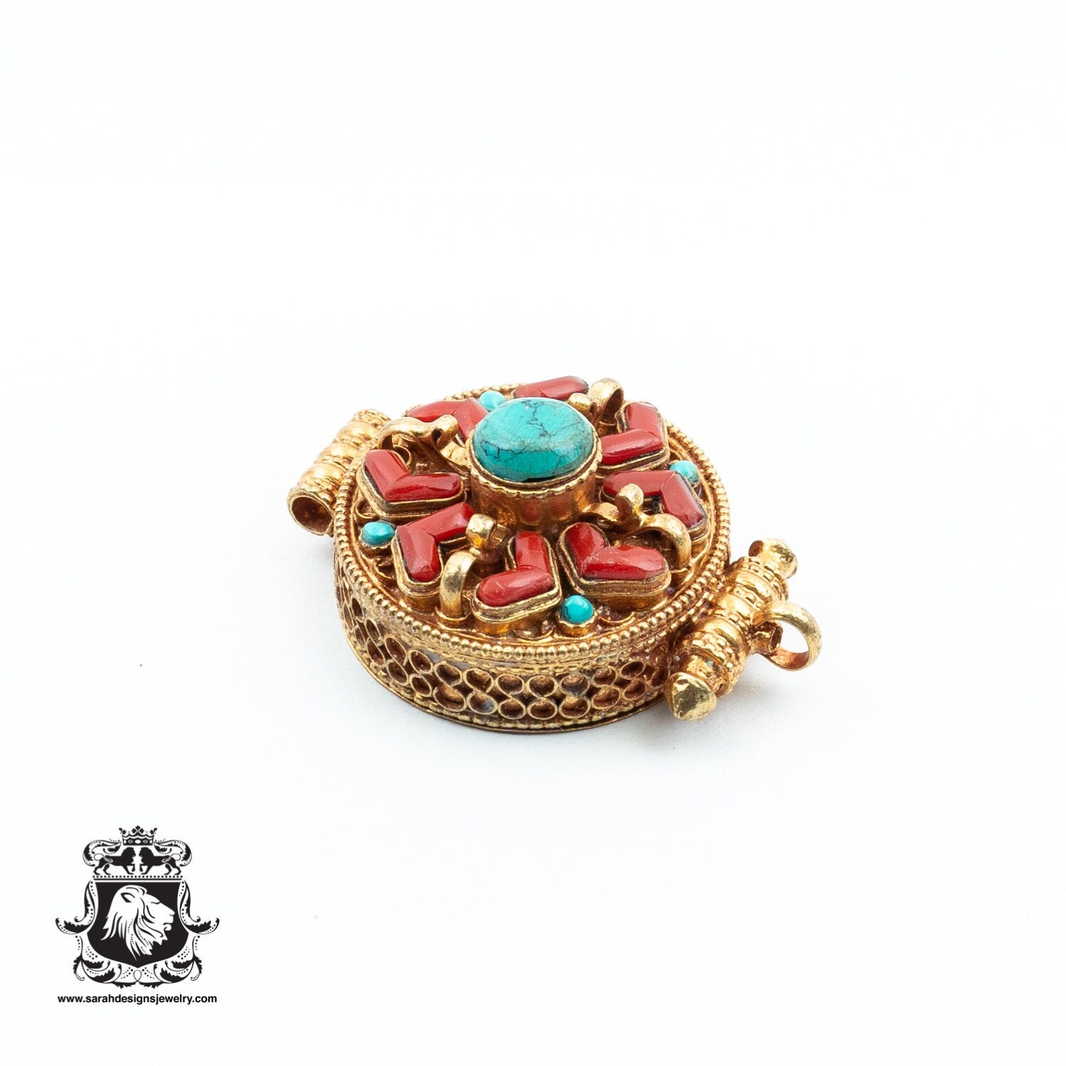 Antique Coral Turquoise Supreme Ghau Amulet Prayer Box Pendant
