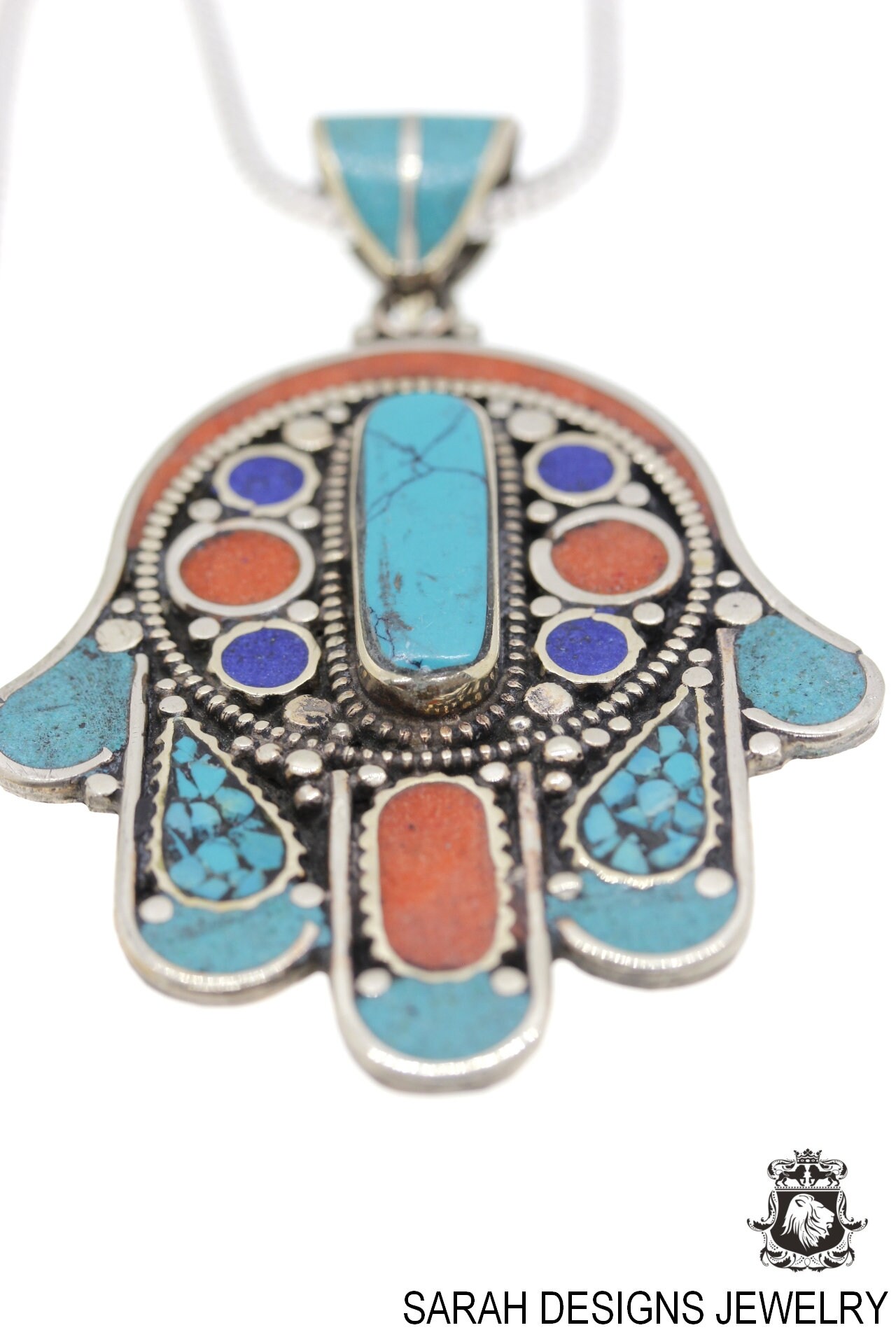 Turquoise Coral Tibetan Silver Nepal Pendant & Free 2mm Italian Snake Chain N7