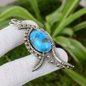 Handmade Arizona Turquoise Fish Pendant: 925 Sterling Silver, 18K Gold Plated Handmade Arizona Turquoise Fish Pendant: 925 Sterling Silver, 18K Gold Plated