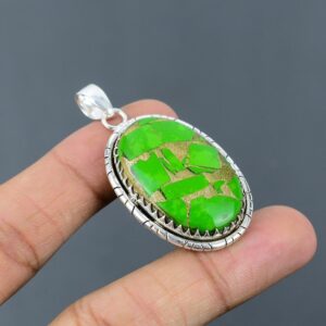 Handmade Copper Green Turquoise Pendant: 925 Sterling Silver Healing Stone