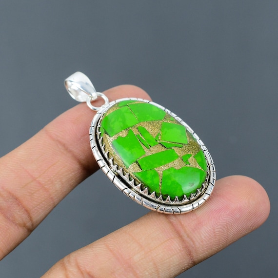 Handmade Copper Green Turquoise 925 Sterling Silver Pendant