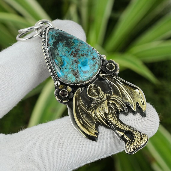 Handmade Turquoise Devil Pendant: 925 Sterling Silver, 18k Gold Plated