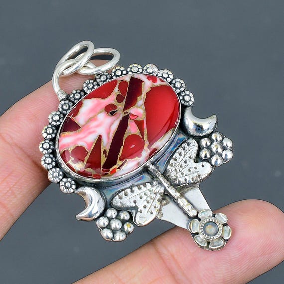 Kingman Turquoise Dragonfly Pendant: Red Mohave Copper, Sterling Silver