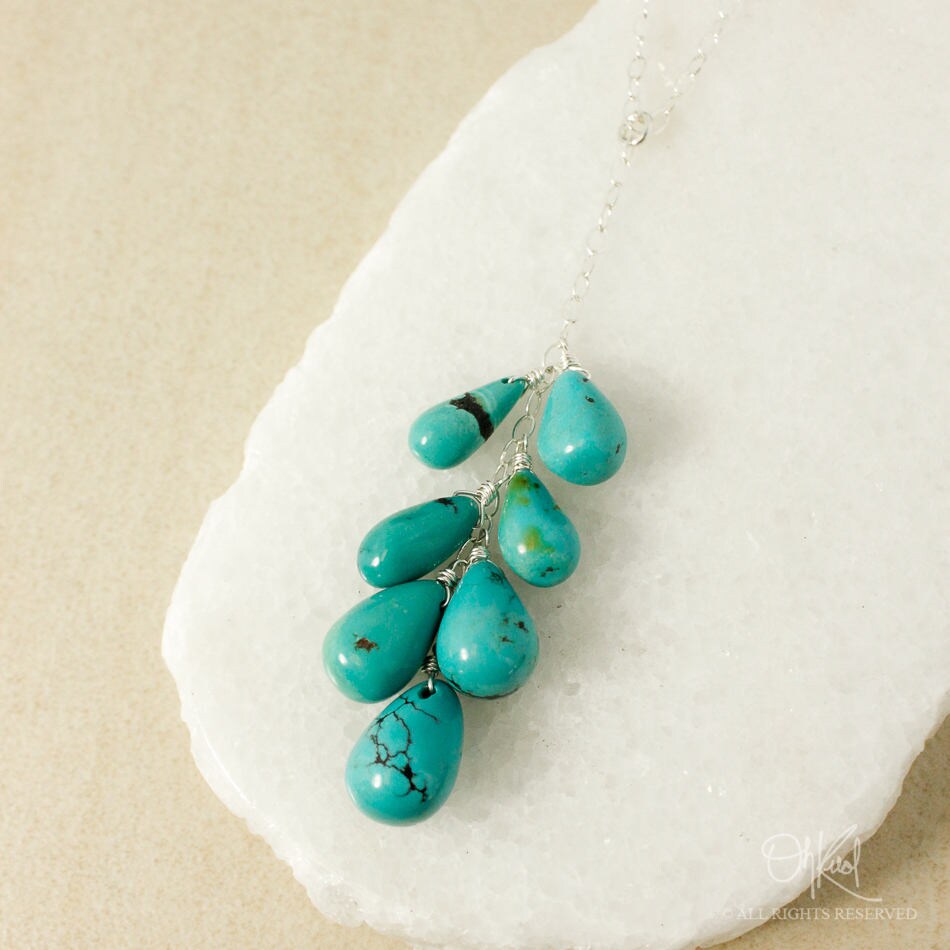 Silver Natural Blue Turquoise Cluster Necklace, Waterfall Pendant, Turquoise Teardrops, December Birthdays