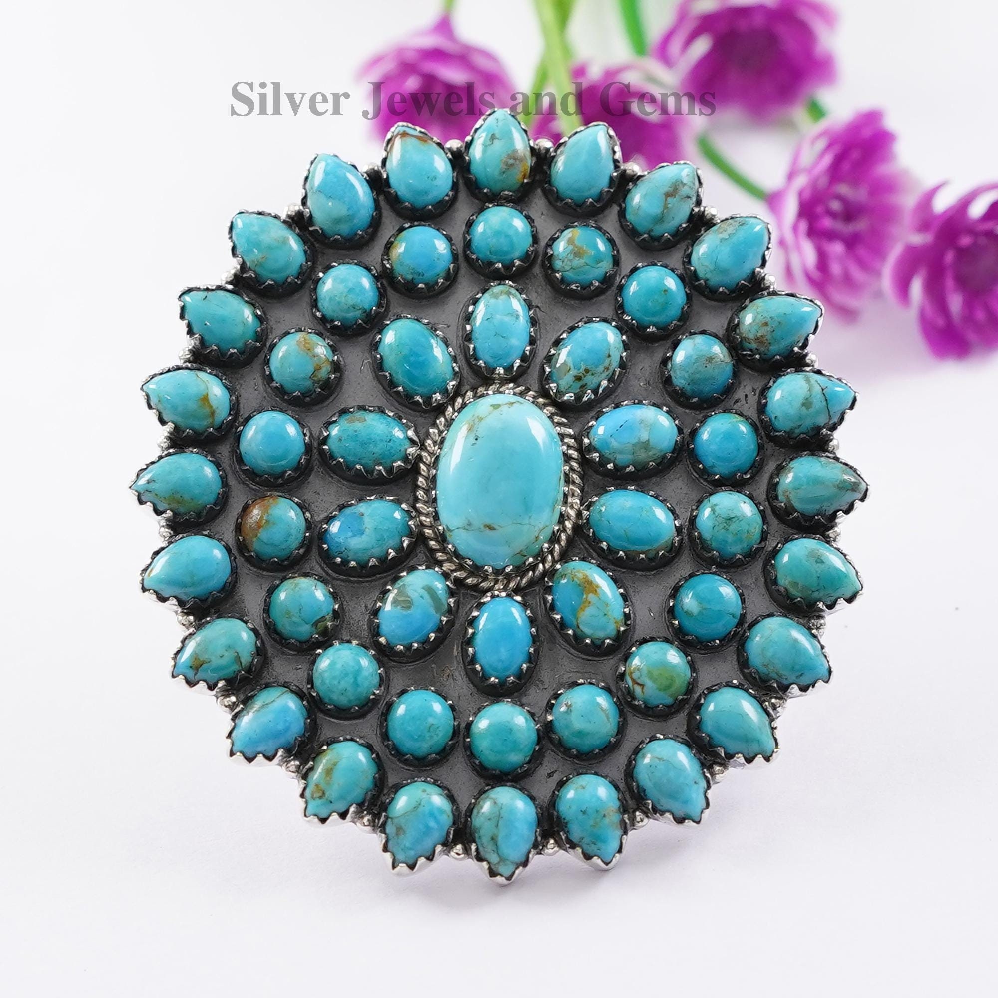 Arizona Turquoise Cluster Ring, Big Statement Turquoise Ring, 925 Sterling Silver Ring, Wedding Ring, Multi Stone Handmade Ring Arizona Turquoise Cluster Ring, Big Statement Turquoise Ring, 925 Sterling Silver Ring, Wedding Ring, Multi Stone Handmade Ring