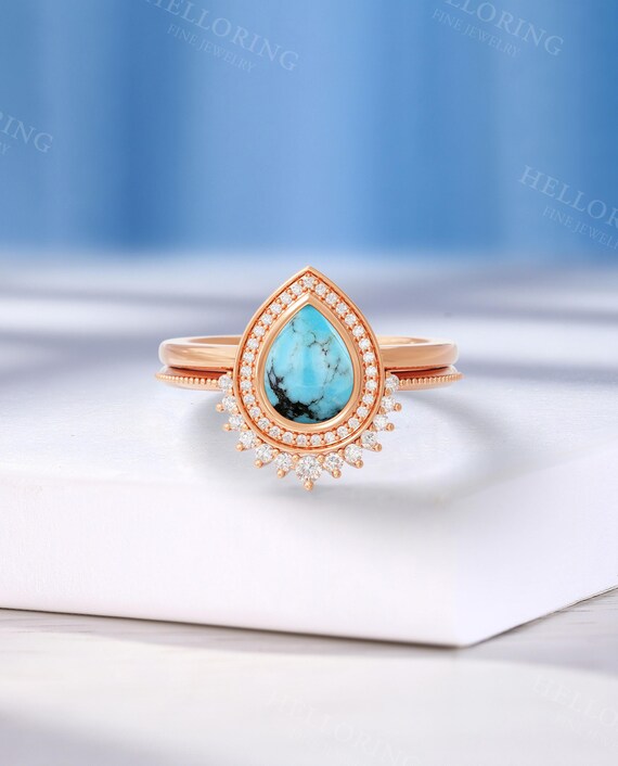 Art Deco Blue Matrix Turquoise Engagement Ring Set, Moissanite Halo Wedding Ring, Matching Moissanite Curved Wedding Band,custom Bridal Ring Art Deco Blue Matrix Turquoise Engagement Ring Set, Moissanite Halo Wedding Ring, Matching Moissanite Curved Wedding Band,custom Bridal Ring