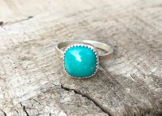Elegant Cushion Cut Turquoise Serrated Setting Sterling Silver Ring | Square Turquoise Ring | December Birthstone Ring | Boho