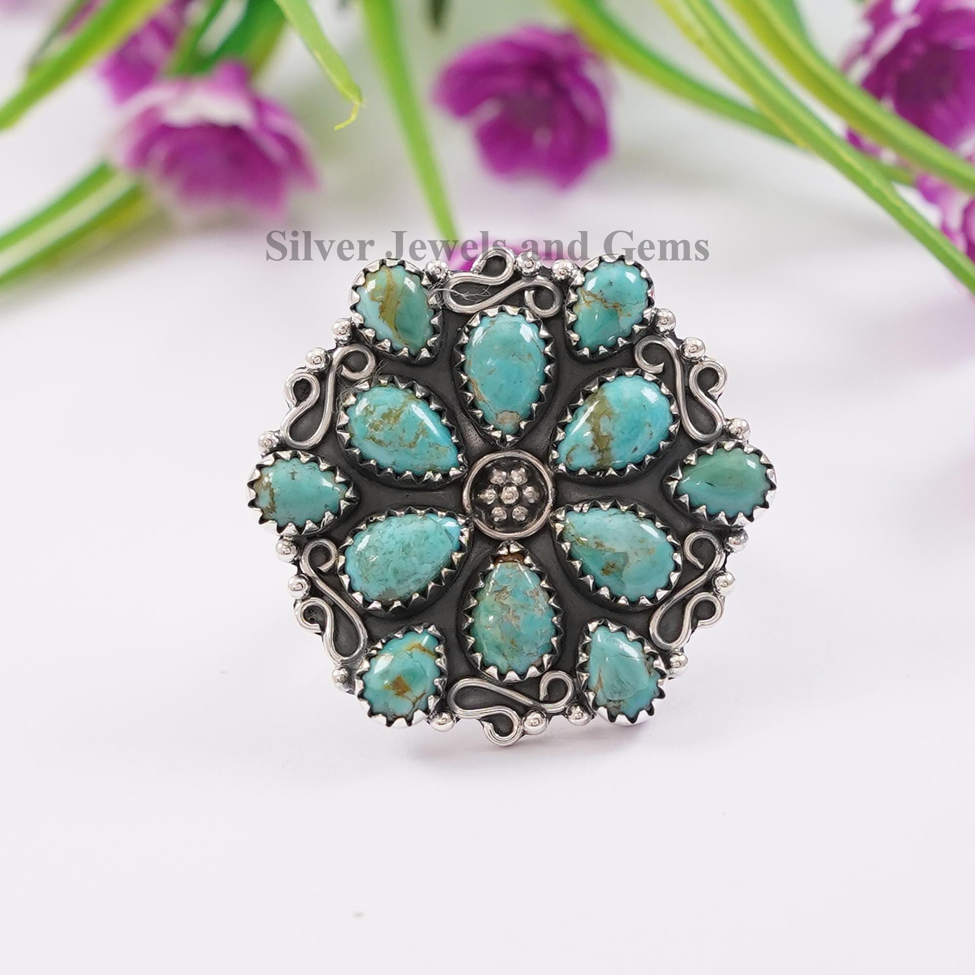 Genuine Turquoise Ring, Multi Stone Cluster Ring, Gift For Mom, 925 Sterling Silver Ring, Arizona Turquoise Boho Ring, Handmade Ring