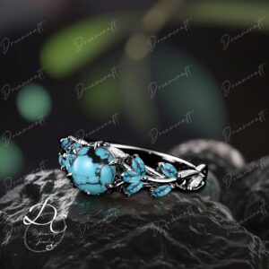 Gothic Black Gold Turquoise Round Cut Engagement Ring Bridal Ring Nature Inspired Cluster Promise Ring Art Deco Leaf Blue Gemstone Ring Gothic Black Gold Turquoise Round Cut Engagement Ring Bridal Ring Nature Inspired Cluster Promise Ring Art Deco Leaf Blue Gemstone Ring