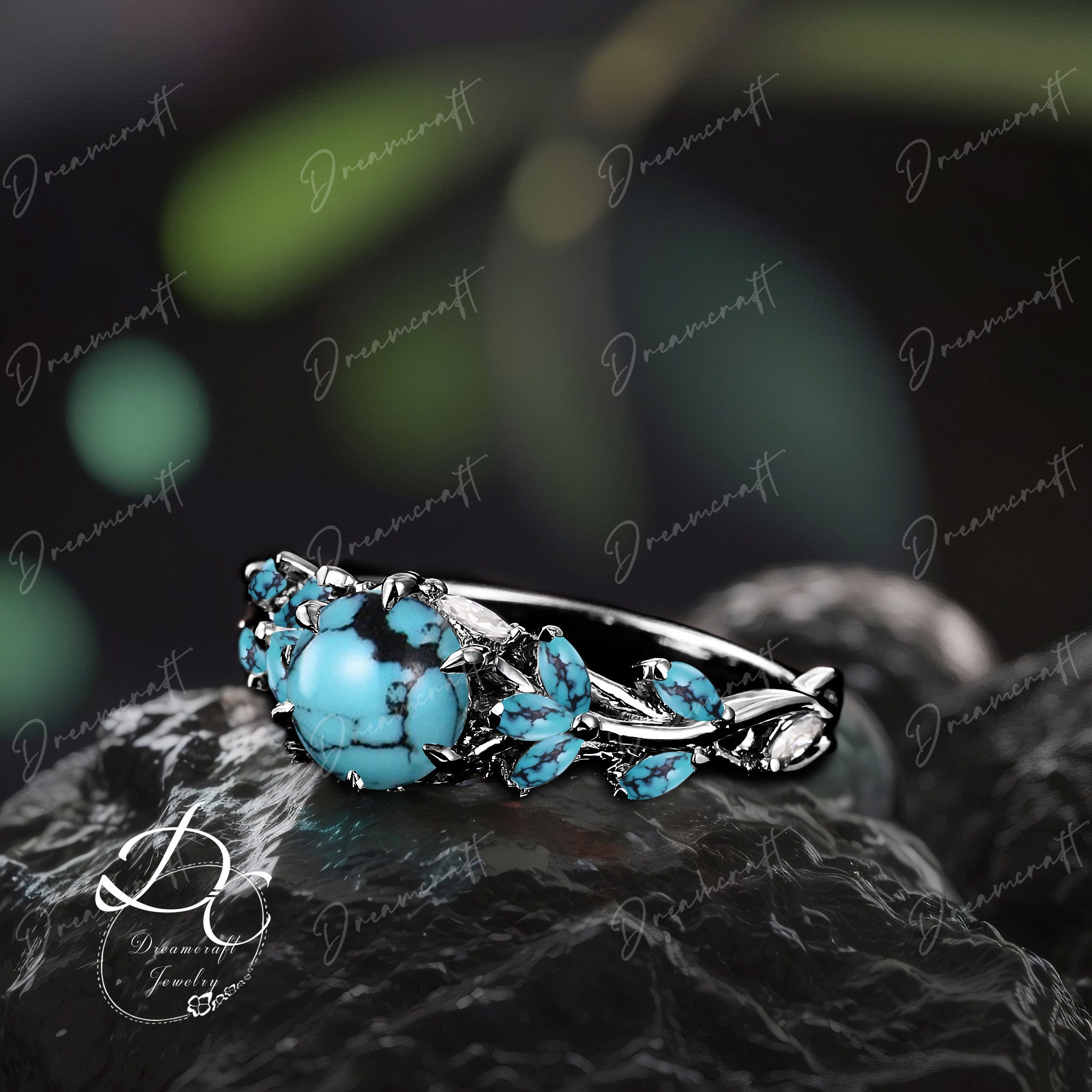 Gothic Black Gold Turquoise Round Cut Engagement Ring Bridal Ring Nature Inspired Cluster Promise Ring Art Deco Leaf Blue Gemstone Ring