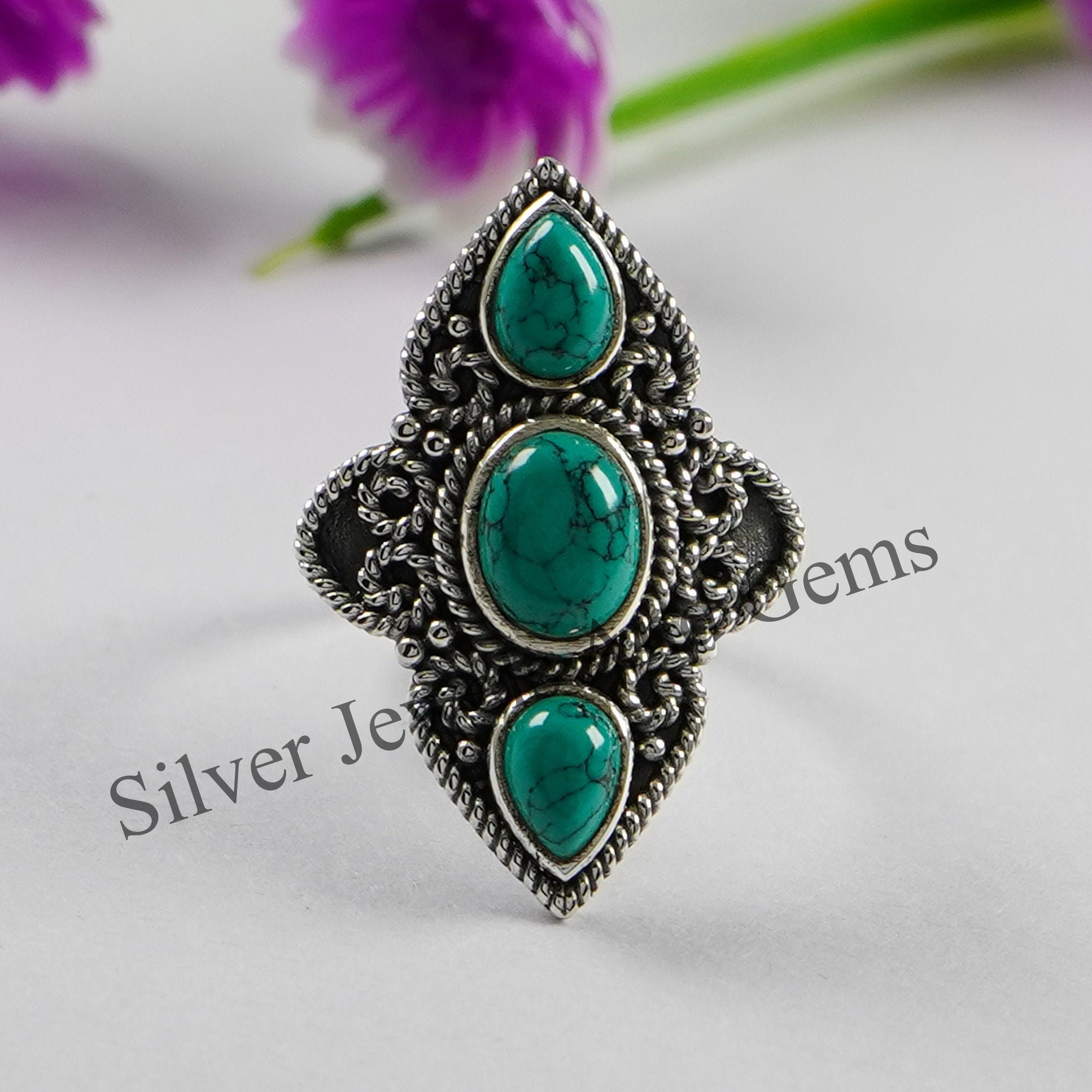Handmade Sterling Silver Turquoise Multi Stone Boho Ring