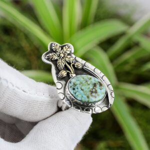 Handmade Tibetan Turquoise Ring: 925 Sterling Silver, 18K Gold Flower, Adjustable Handmade Tibetan Turquoise Ring: 925 Sterling Silver, 18K Gold Flower, Adjustable