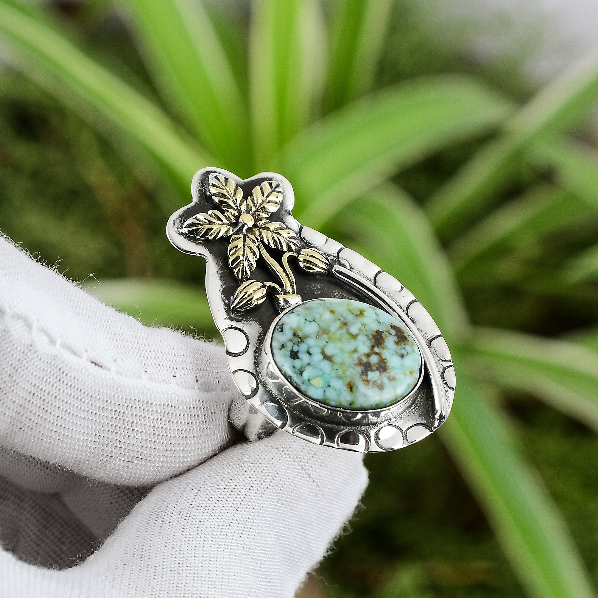 Handmade Tibetan Turquoise Ring: 925 Sterling Silver, 18k Gold Flower, Adjustable Handmade Tibetan Turquoise Ring: 925 Sterling Silver, 18k Gold Flower, Adjustable