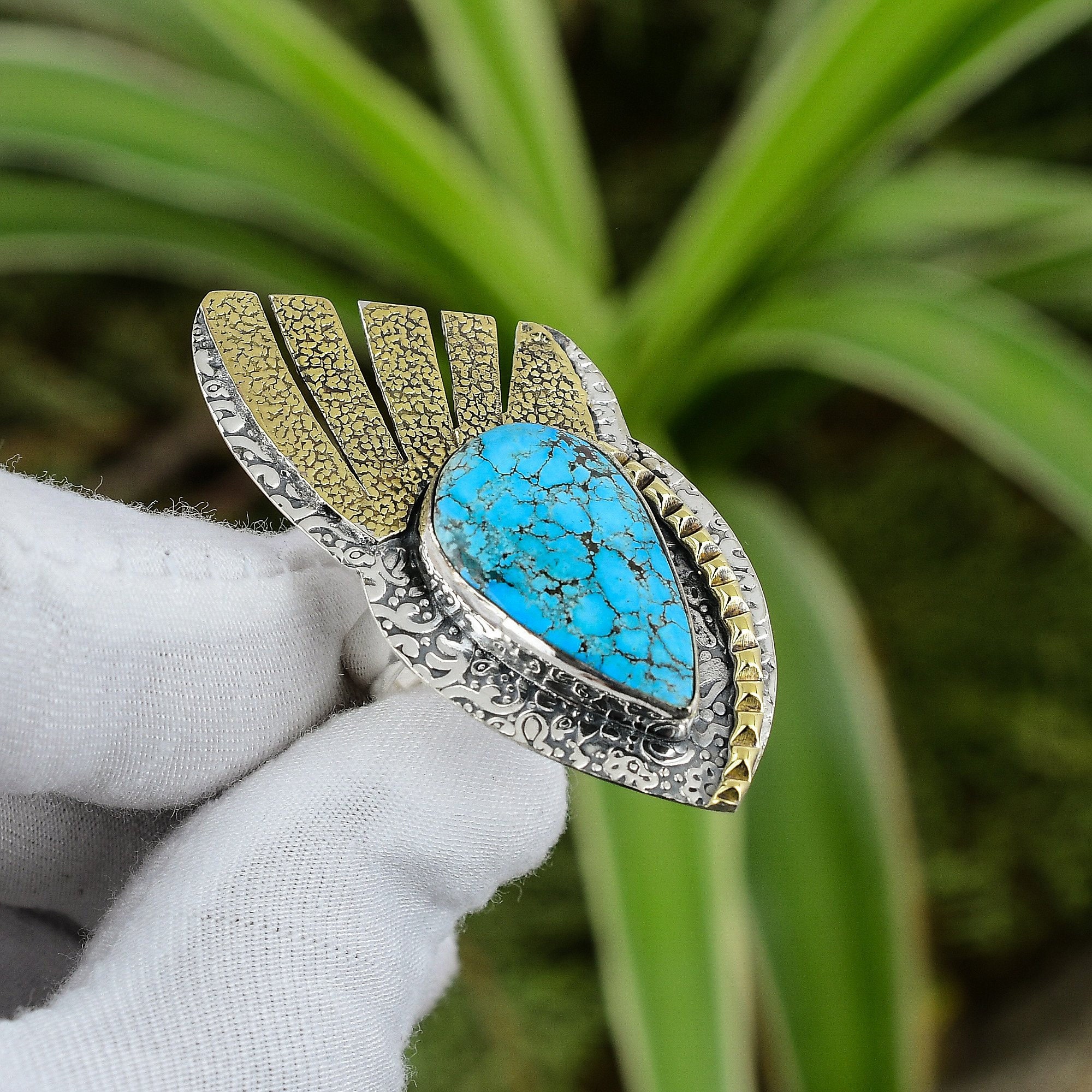 Handmade Tibetan Turquoise Ring: 925 Sterling Silver, 18k Gold Plated, Adjustable