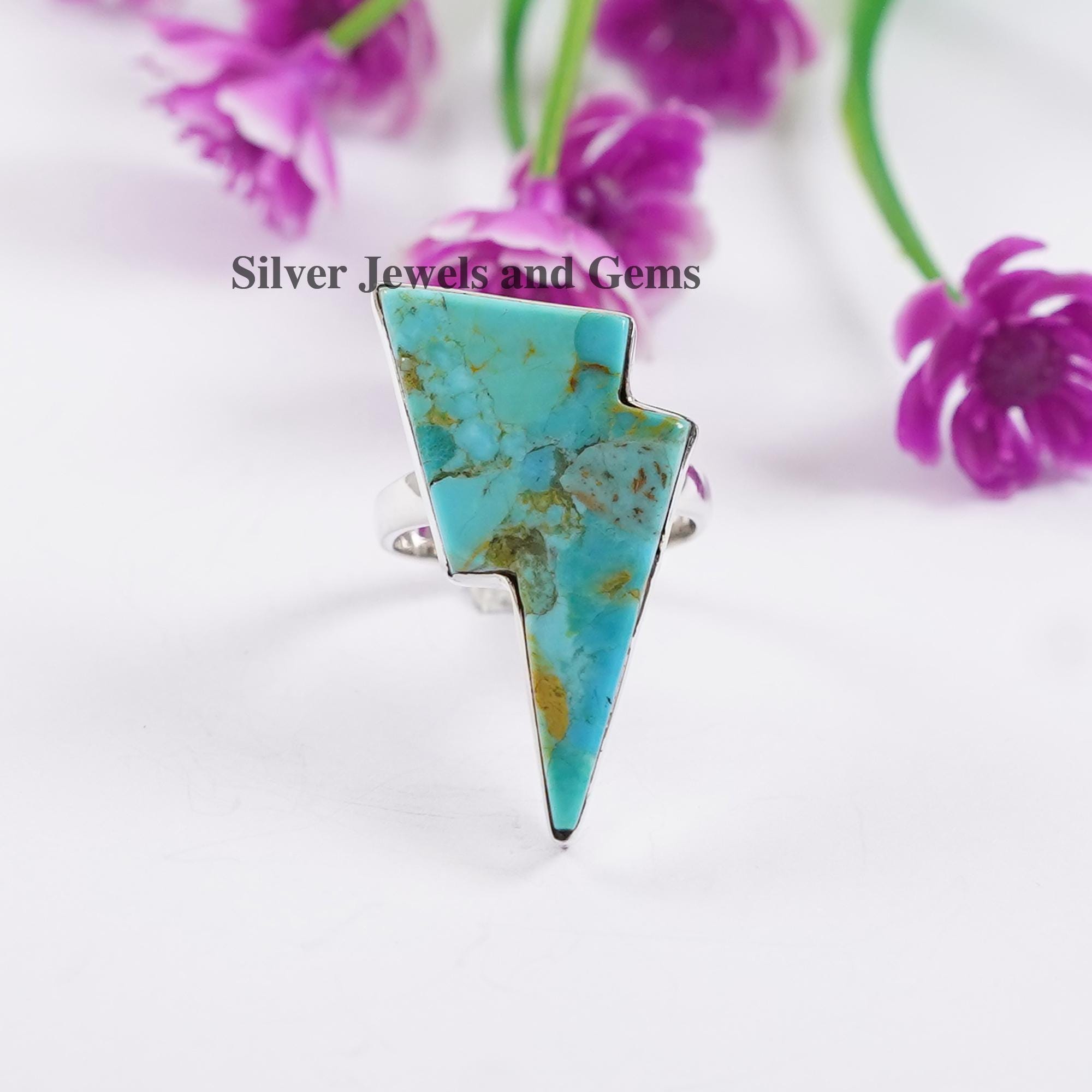 Turquoise Lightning Bolt Ring, 925 Sterling Silver, Handmade Arizona Gemstone