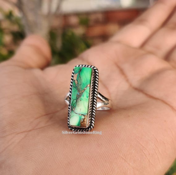 Long Peacock Dahlia Turquoise Ring, Solid 925 Sterling Silver, Unisex Jewelry, Boho Ring Long Peacock Dahlia Turquoise Ring, Solid 925 Sterling Silver, Unisex Jewelry, Boho Ring