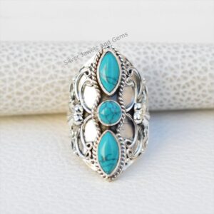 Natural Turquoise Ring, 925 Sterling Silver, Marquise Round Turquoise Designer Ring, December Birthstone, Multi Stone Ring, Handmade Ring Natural Turquoise Ring, 925 Sterling Silver, Marquise Round Turquoise Designer Ring, December Birthstone, Multi Stone Ring, Handmade Ring