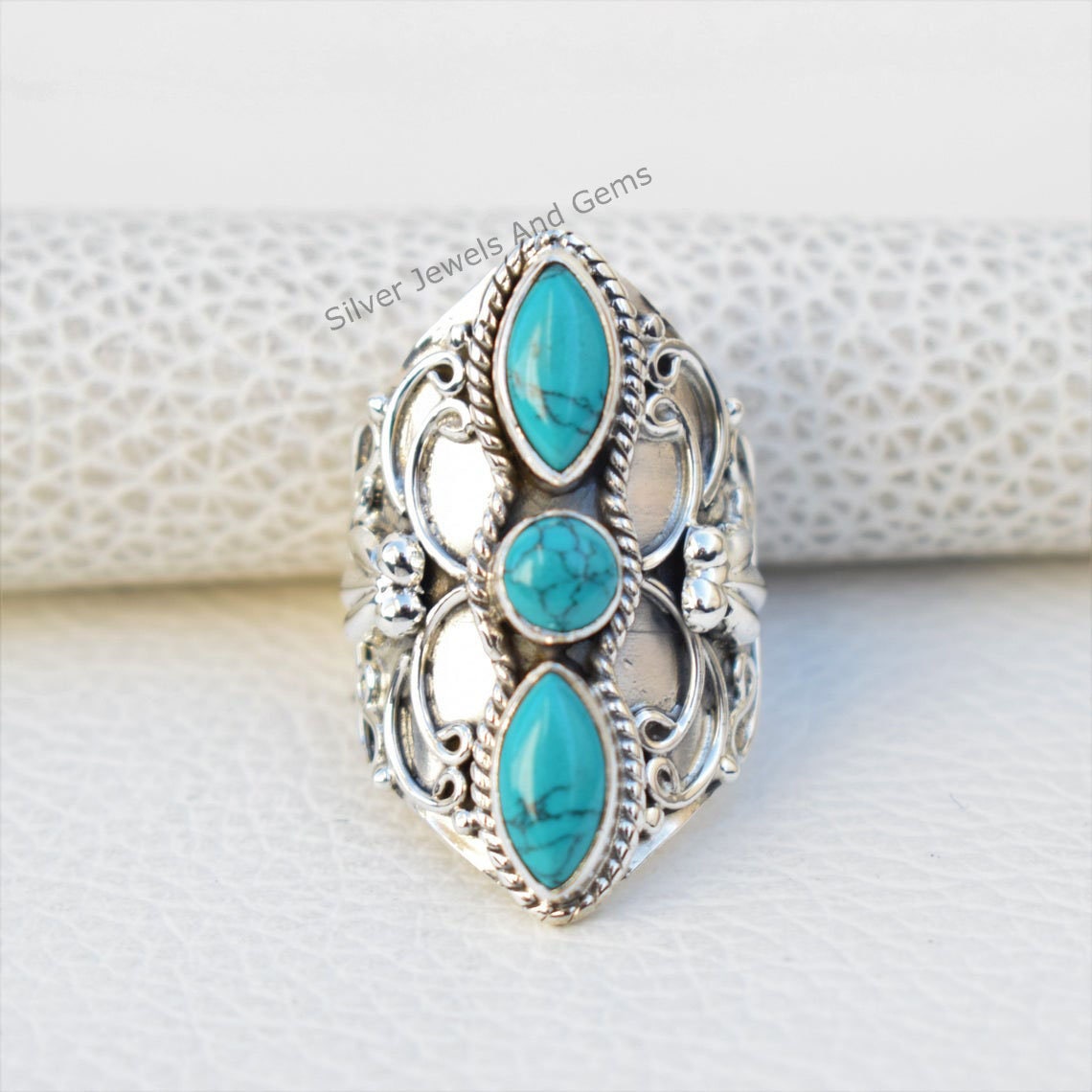 Natural Turquoise Ring, 925 Sterling Silver, Marquise Round Turquoise Designer Ring, December Birthstone, Multi Stone Ring, Handmade Ring