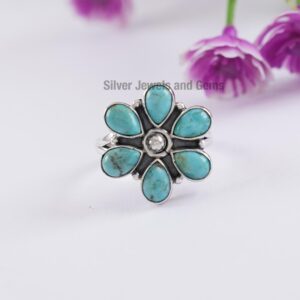 Natural Arizona Turquoise Cluster Ring, Teardrop Turquoise Dainty Ring, 925 Sterling Silver Ring, Engagement Ring, Multi Stone Ring Natural Arizona Turquoise Cluster Ring, Teardrop Turquoise Dainty Ring, 925 Sterling Silver Ring, Engagement Ring, Multi Stone Ring