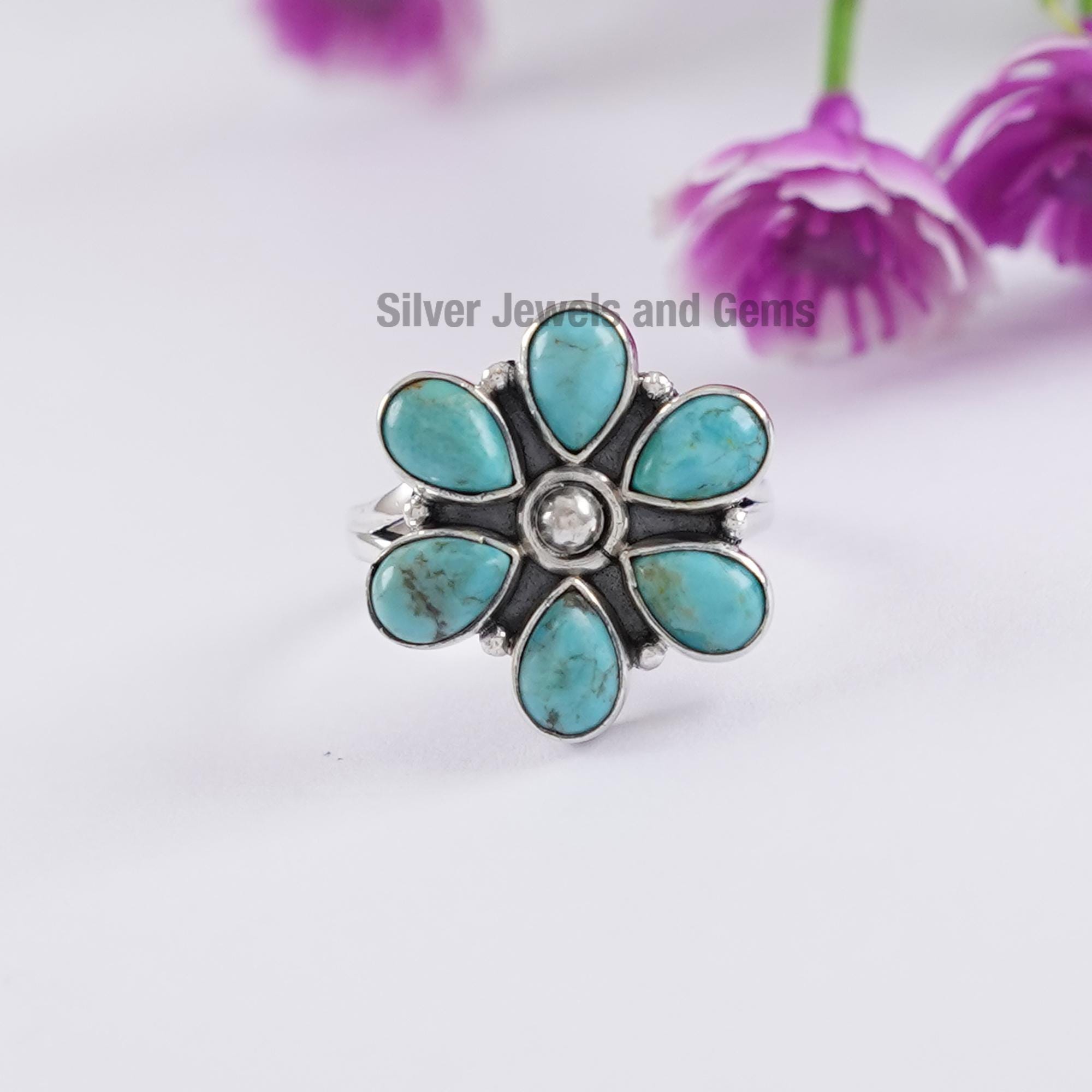 Natural Arizona Turquoise Cluster Ring, Teardrop Turquoise Dainty Ring, 925 Sterling Silver Ring, Engagement Ring, Multi Stone Ring Natural Arizona Turquoise Cluster Ring, Teardrop Turquoise Dainty Ring, 925 Sterling Silver Ring, Engagement Ring, Multi Stone Ring